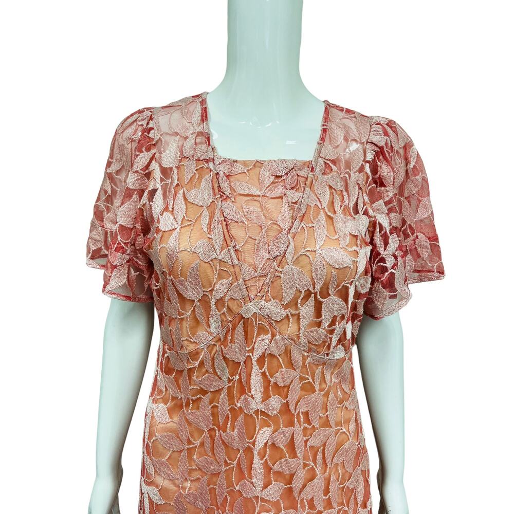 LOVESHACKFANCY Pink Floral Appliqued Kamber Short Sleeve Maxi Dress Gown 4 - Picture 3 of 3